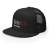 angled black Best of Us trucker hat with white and red text
