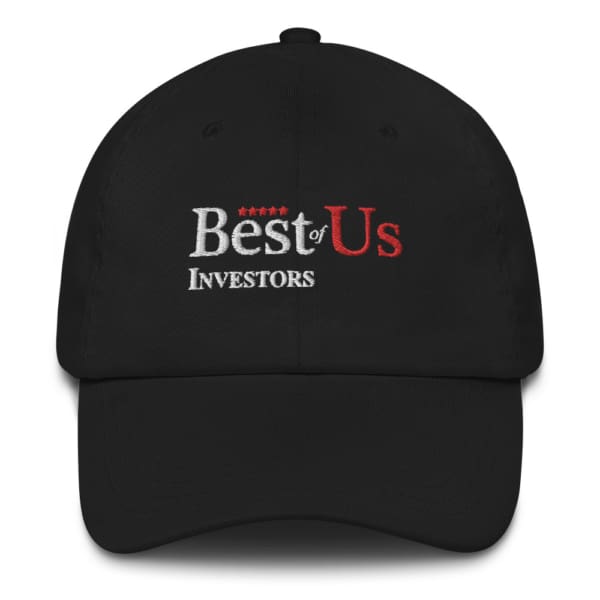 a black Best Of US Investors baseball cap with white and red text