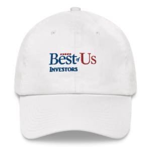 white Best of US investors baseball cap with red and blue text