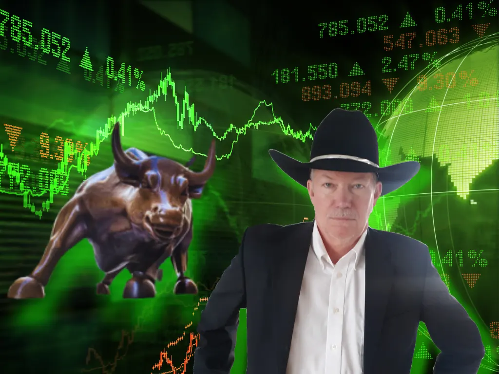 Mark Willet in front of stock market with bull background