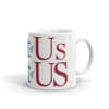 white Best Of Us mug with large wrap around blue and red text