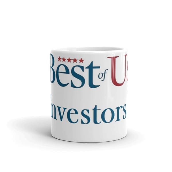 white Best Of Us mug with large sized Centered blue and red text
