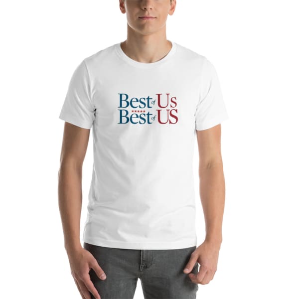 white Best Of US Investors t-shirt with white background for logo that includes Red and Blue text