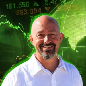 Trent Grinkmeyer in front of stock market with bull background