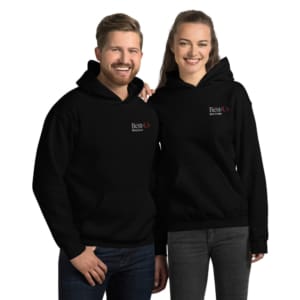 man and woman wearing black Best of US Investors hoodies with red and white text