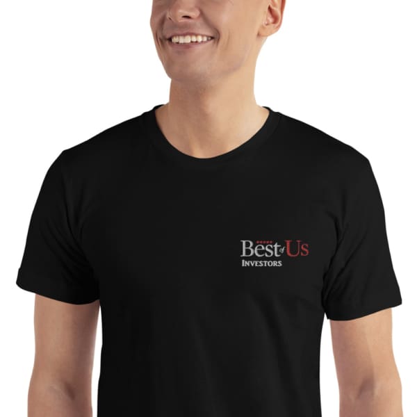 black best of us investors t-shirt with white and red text