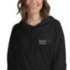 woman wearing black Best of US investors hoodie with white and red text
