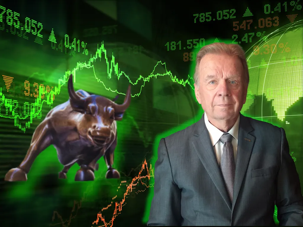 Kerry Grinkmeyer in a suit standing in front of a stock chart with a bull on it